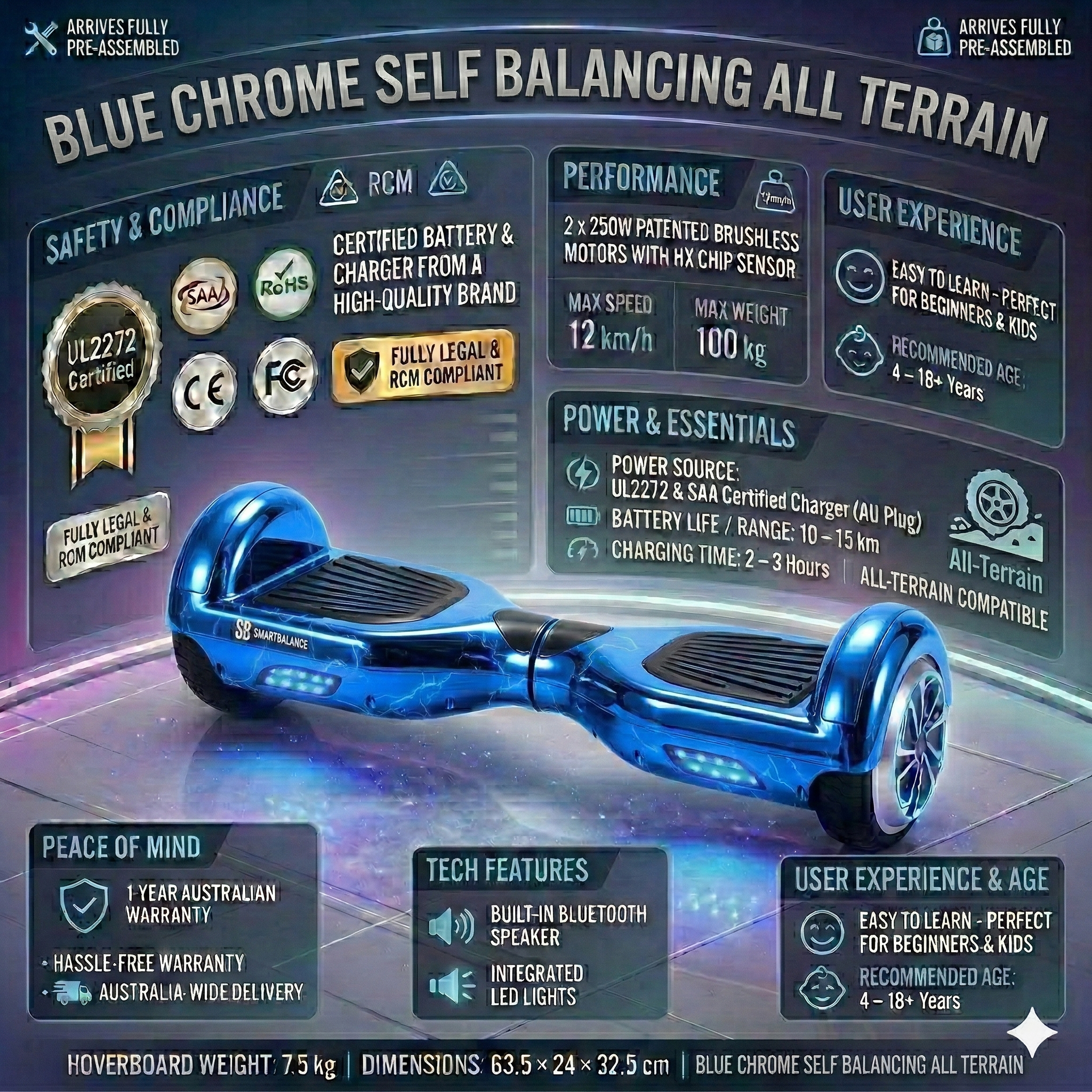 Australian 6.5-inch blue chrome hoverboard